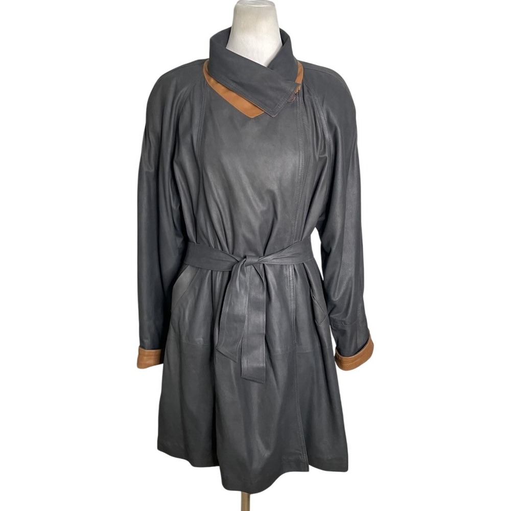 Vtg 80s Vera Pelle  Hand Made Leather Jacket Coat Belted Made in Italy M Gray